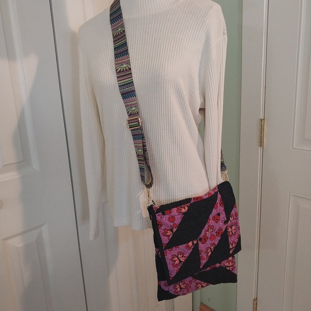 3184 Handmade Quilted Crossbody Bag with Guitar Strap. In Purple and Black.